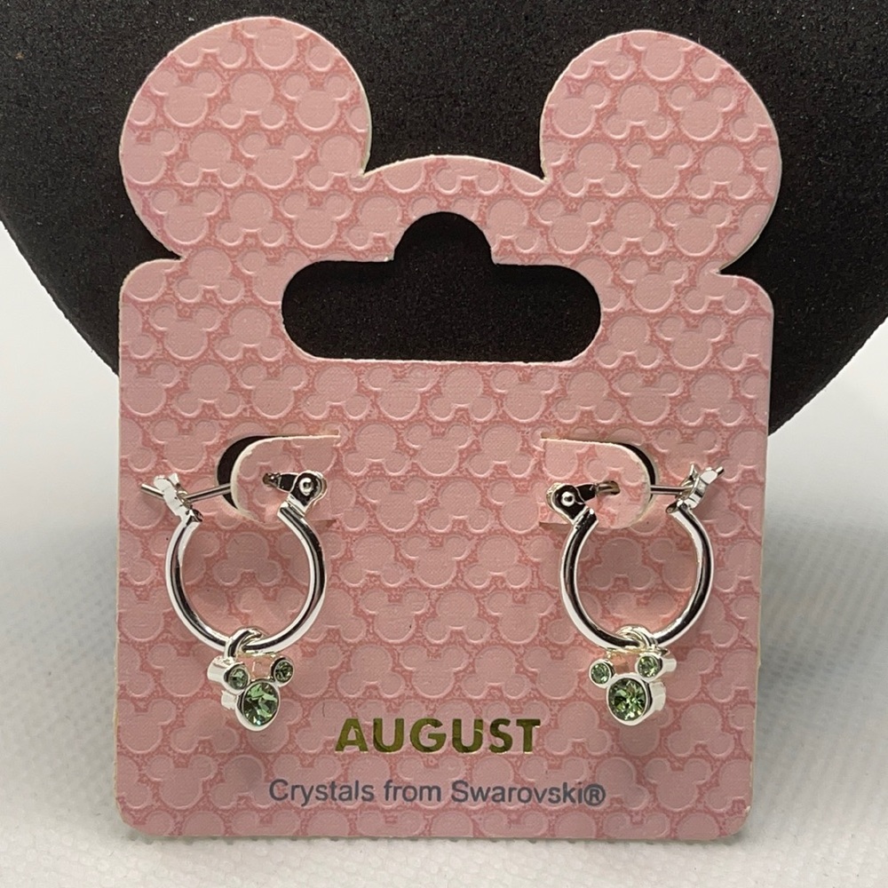 Disney parks hoop earrings, August birthstone Mickey head, Swarovski, NEW